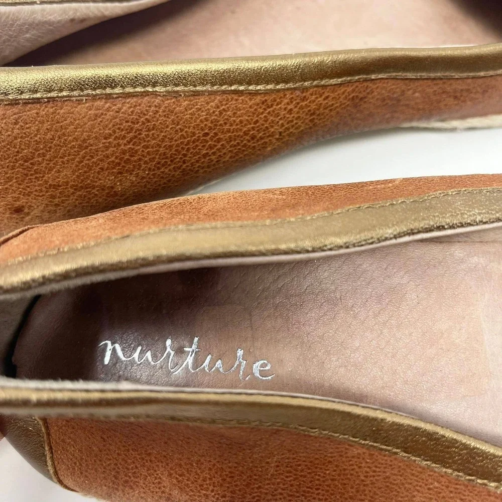 Nurture Leather Flats Wms 9.5 Rusty Brown Espadrille Gold Trim Boho Western‎